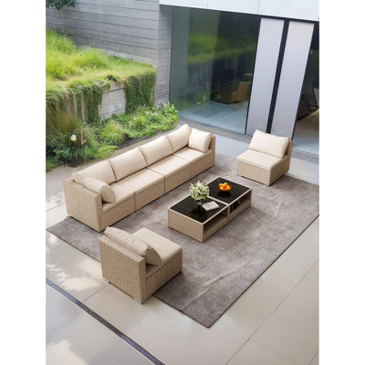 Patio Furniture 8 All-Weather - Conversation Outdoor Sectional With Water Cushions In Khaki And Beige Modular Configuration