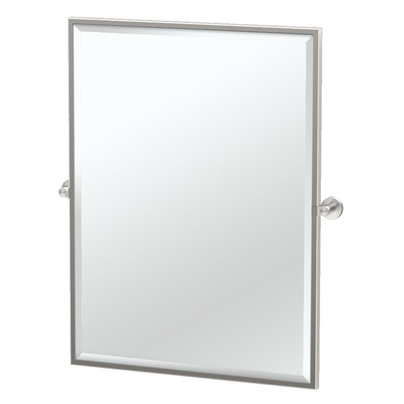 Glam Framed Rectangle Wall Mirror | Pivoting and Beveled Vanity Mirror, Satin Nickel, 32.5" H x 27.63" W