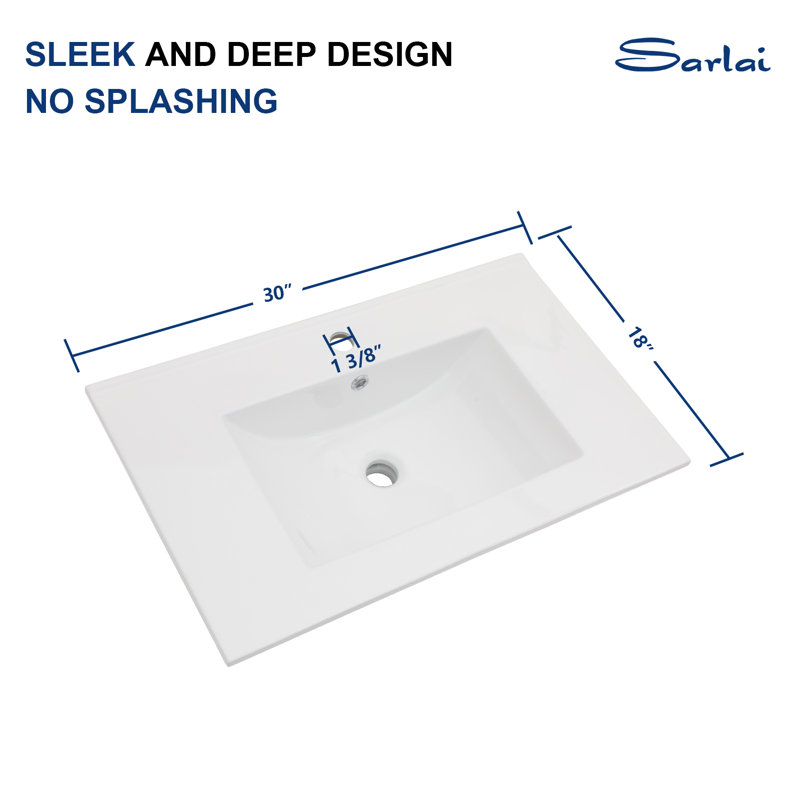 Plateau de meuble-lavabo simple 30 po en céramique blanche rectangulaire avec lavabo seulement