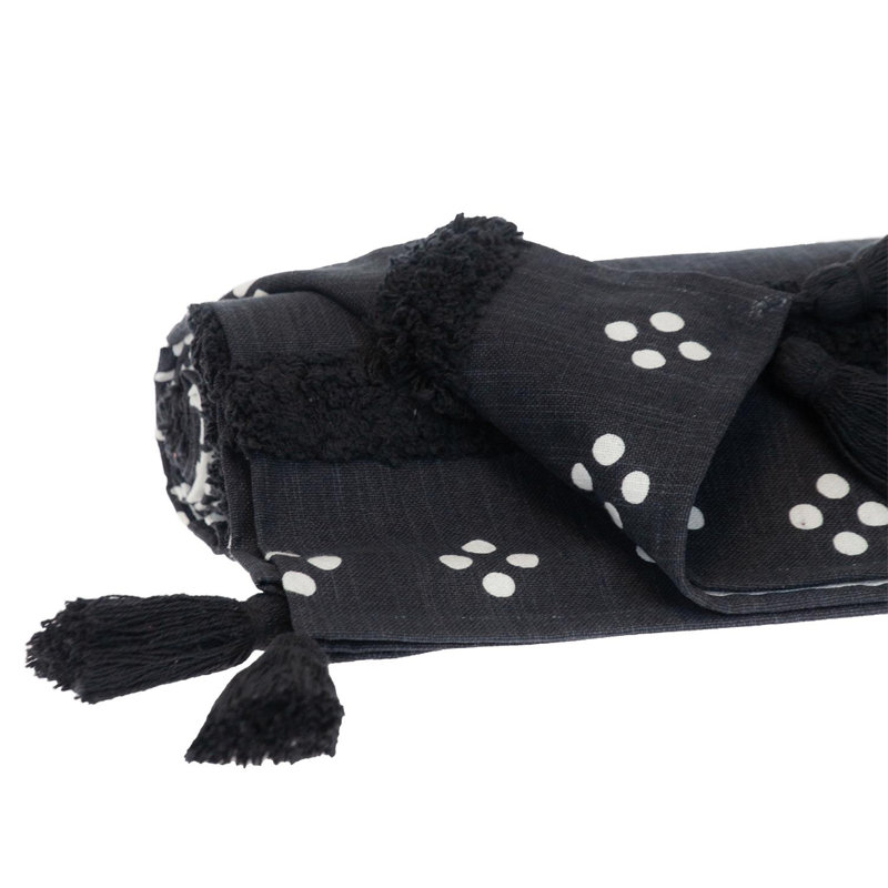 Transitional Black and White Cotton Throw with Tasseled Ends 50" x 60"