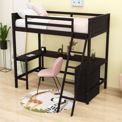 Lit mezzanine simple en bois avec bureau intégré, tablettes, garde-corps et échelle