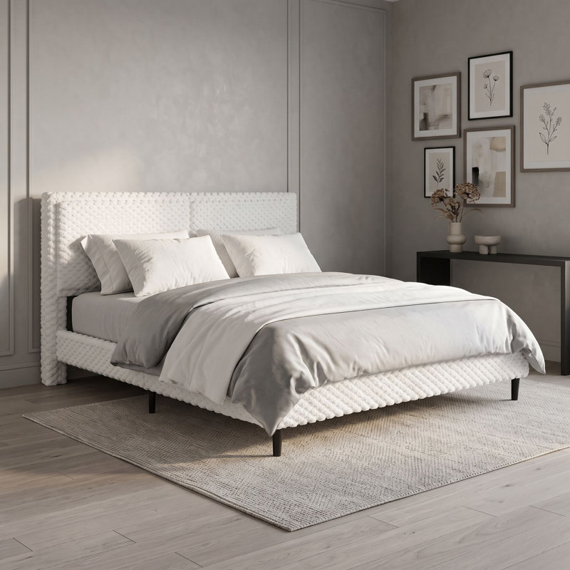 Lit plateforme tapissier avec tête de lit, Très grand lit, Blanc