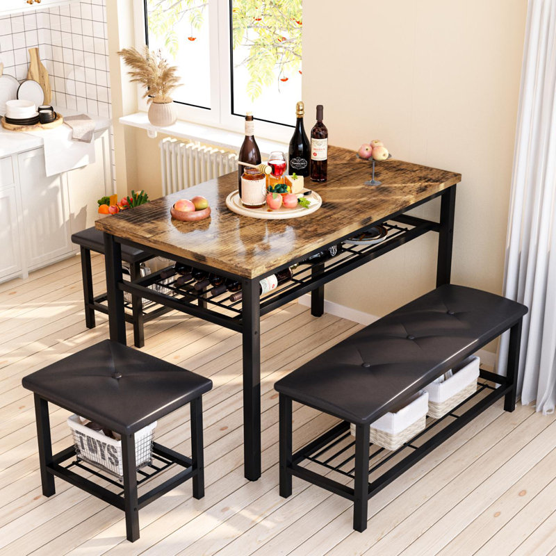Ensemble de salle à manger 4 pièces, table de salle à manger avec 1 banc et 2 tabourets courts pour 4 personnes, table de salle à manger avec cadre en métal et tablette de rangement, table de cuisine et chaises pour la salle à manger, coin repas, pe