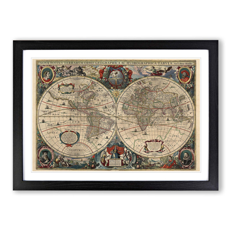 Vintage World Map 2 by Henricus Hondius II - Single Picture Frame Print, Black
