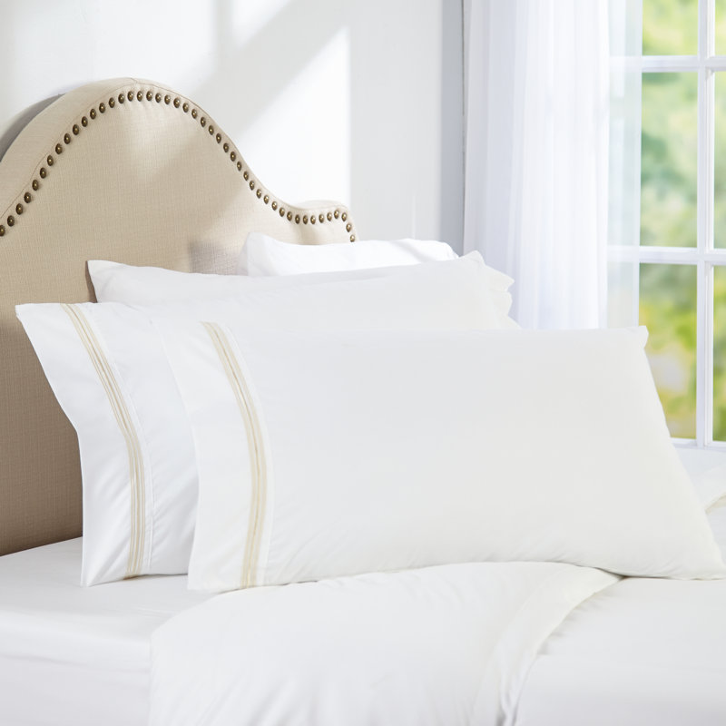  Ensemble de draps en percale en microfibre à rayures satinées 1800, Crème, Taie d'oreiller pour très grand lit californien