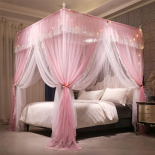 4 Corners Post Ruffle Princess Bed Canopy Curtain-Double Layer Cozy Drape Netting 4 Opening Mosquito Net For Adults Bedroom Decoration (Pink, 78" L*82"*H/(Full))