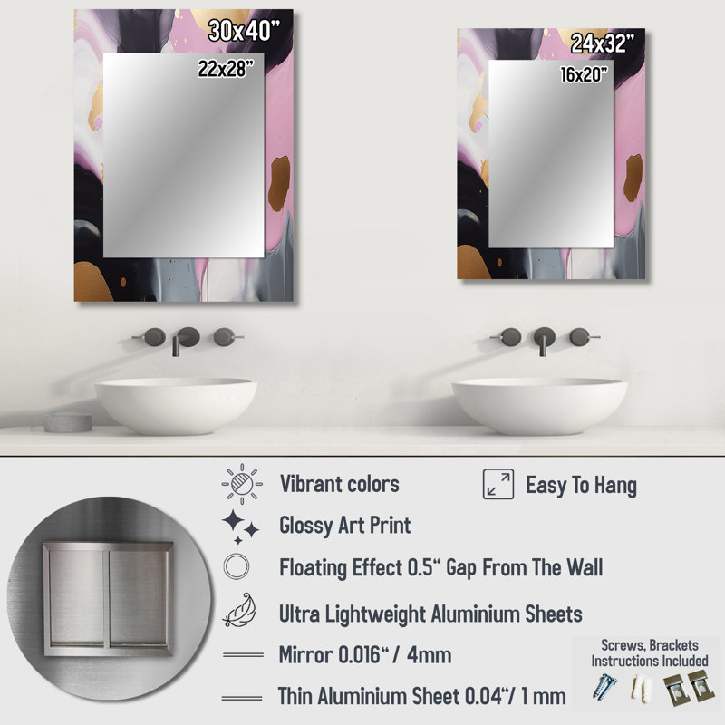 Pink And Gold Inner Worlds Of Marble III - Marble Unique Wall Mirror, Modern Mirror, Printed Metal Art, 32" x 24"