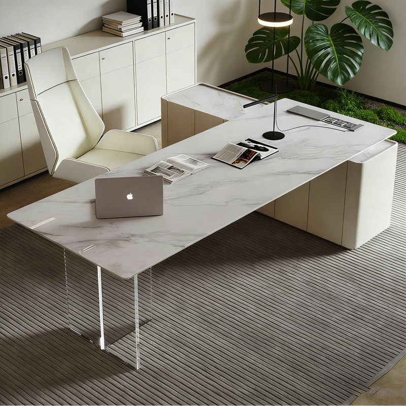 Bureau contemporain contemporain en pierre frittée en forme de L, H 29,53 po x l 78,74 po x P 27,56 po