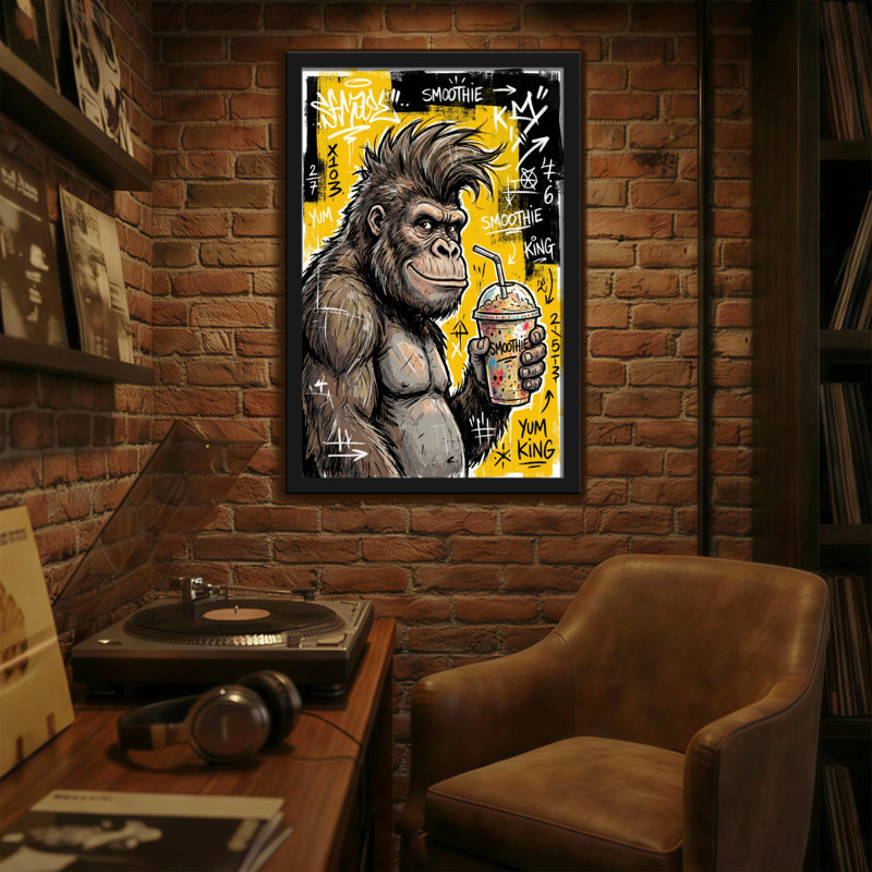 Animaux, gorille tenant un smoothie sur fond graffiti, H 18 po x l 12 po