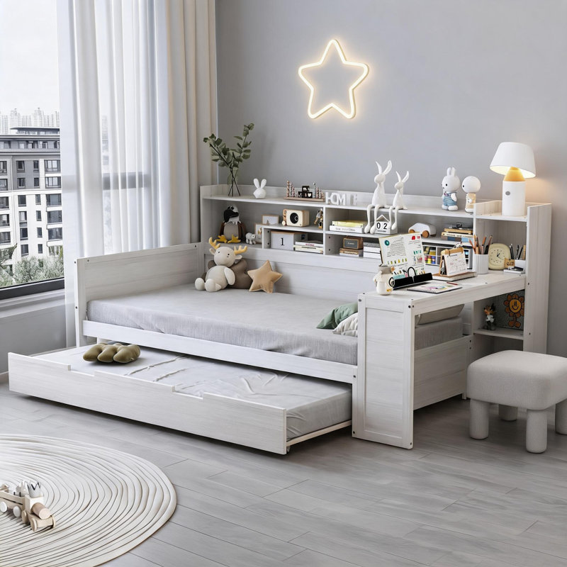 Lit de jour simple en bois blanc doux avec bureau gigogne et tablettes de rangement