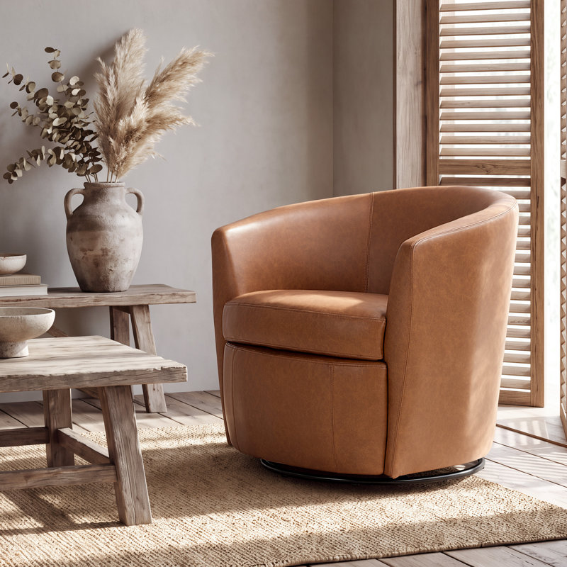 Faux Leather Upholstered Swivel Barrel Chair—No Assembly Required, Brown Faux Leather
