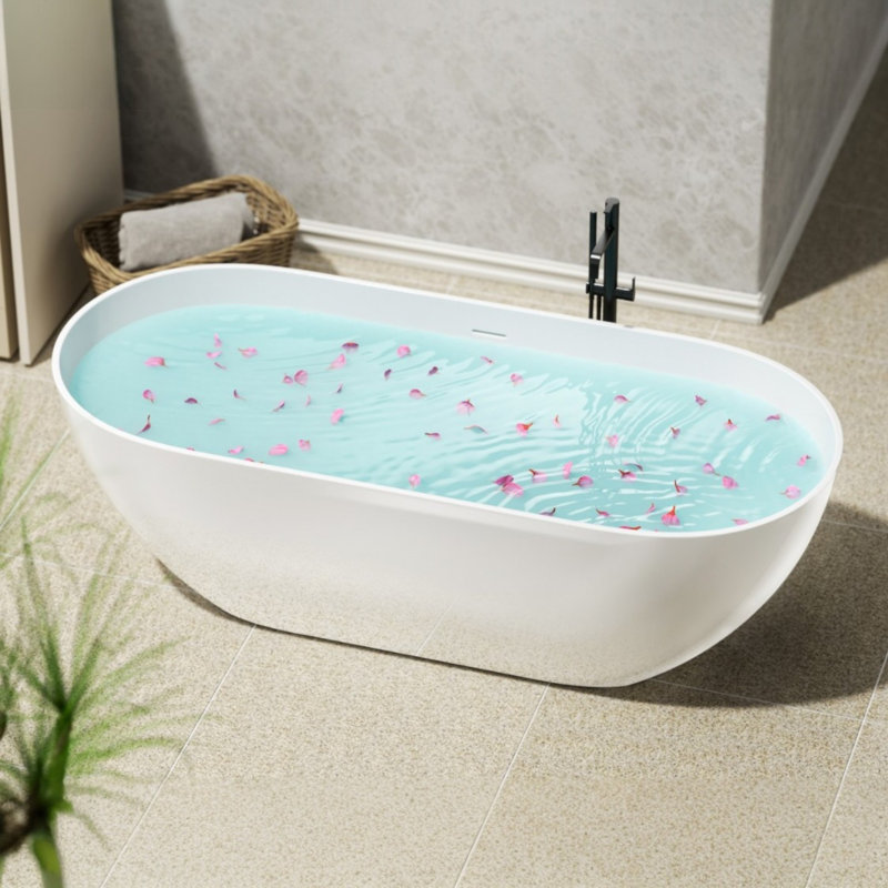 Baignoire de trempage autoportante en résine 63 po x 29,5 po, Blanc lustré