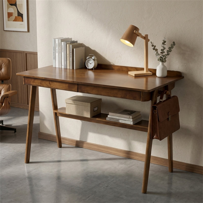 Bureau rectangulaire, avec 2 tiroirs et une tablette de rangement, bureau debout avec crochets latéraux, style Mid-Century moderne, bureau en bois massif, finition noyer