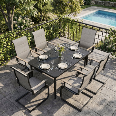 7-piece Outdoor Dining Set With Padded Textilene C-spring Motion Chairs
