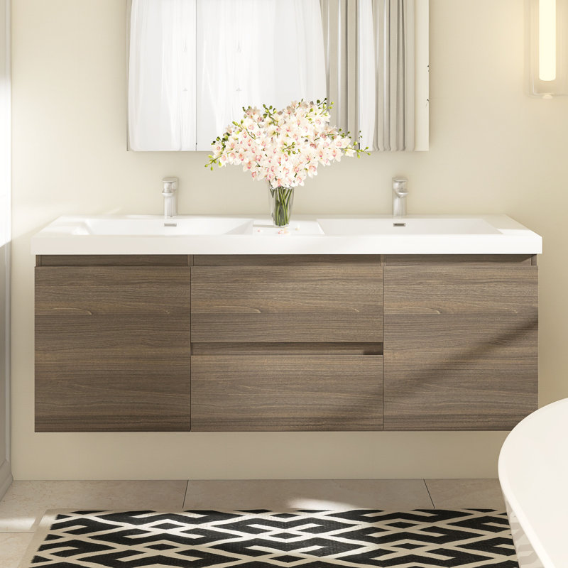 60 po X P 20 po P x 22 po Meuble-lavabo flottant double H avec plateau en résine blanc brillant, Gris cendré