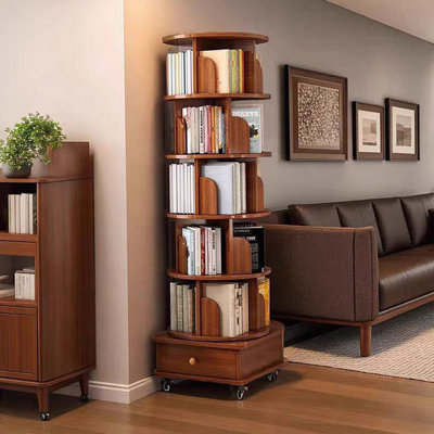 Rotating Bookshelf, 360 Display Corner Bookshelf For Small Space, 6 Tier Bookcase Storage Rack With Wheels, Wood Narrow Organizer For Bedroom, Living Room, Study Room, Walnut Brown, Shelves