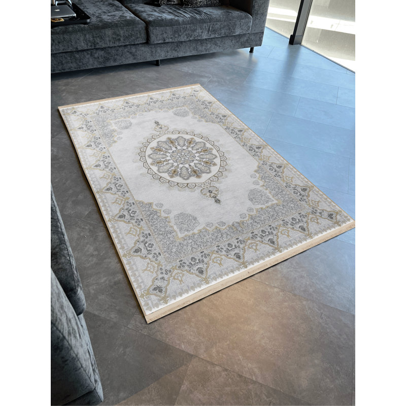 Tapis décoratif rétro à motif traditionnel beige et gris, Rectangle 3 pi 9,81 po x 4 pi 11,06 po