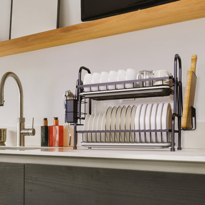 2-Tier Dish Rack for Kitchen, Dish Drying Rack with Drain Board Tray