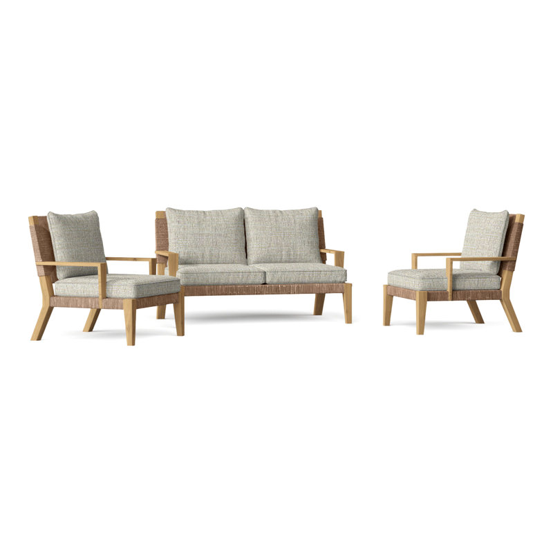 Hadley Outdoor 3 - Piece Teak Conversation Set, Perigold Arigato Balsamic, Hadley Hemp
