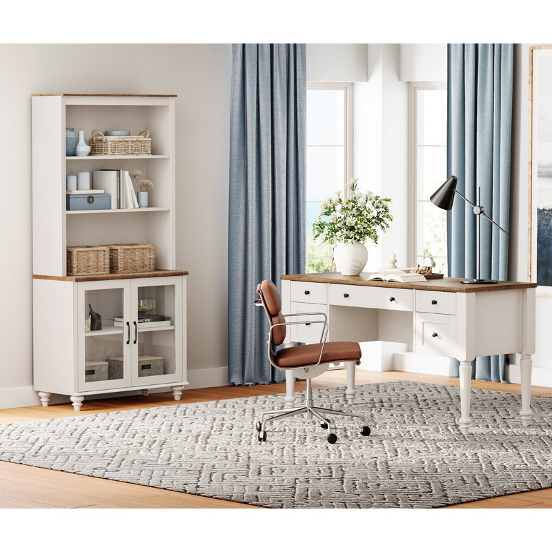2 Piece Office Set, 56" Executive Desk & Bookcase With Glass Doors, White