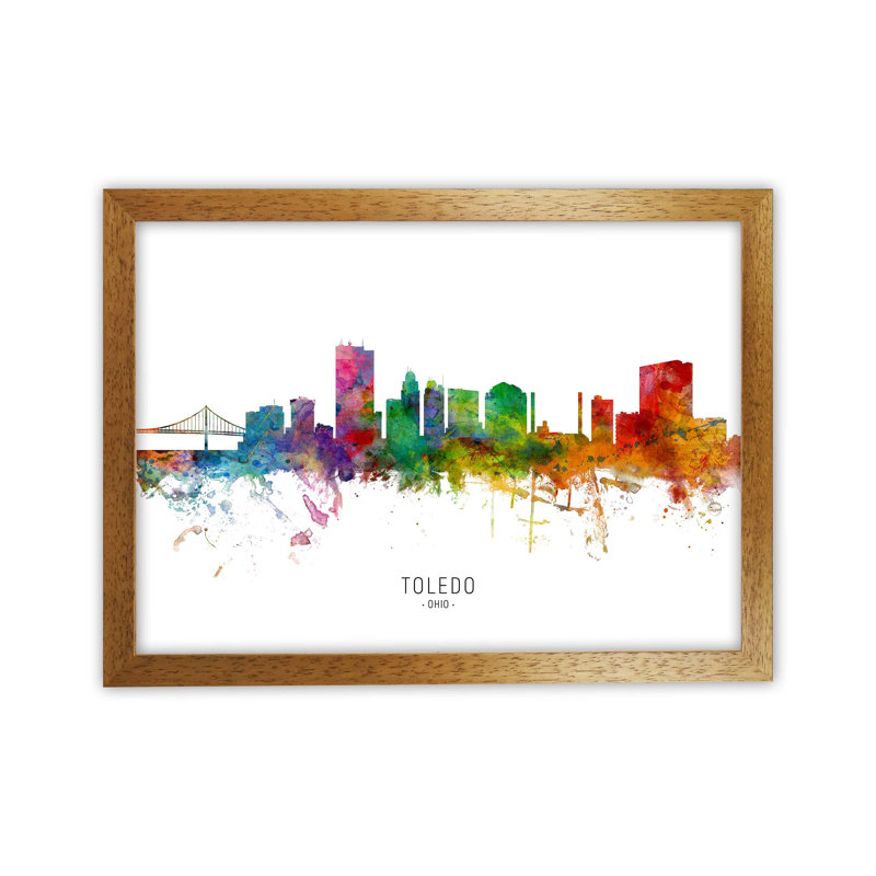 Toledo Ohio Skyline by Michael Tompsett - Print, Brown Framed, 25cm H x 34cm W x 3cm D