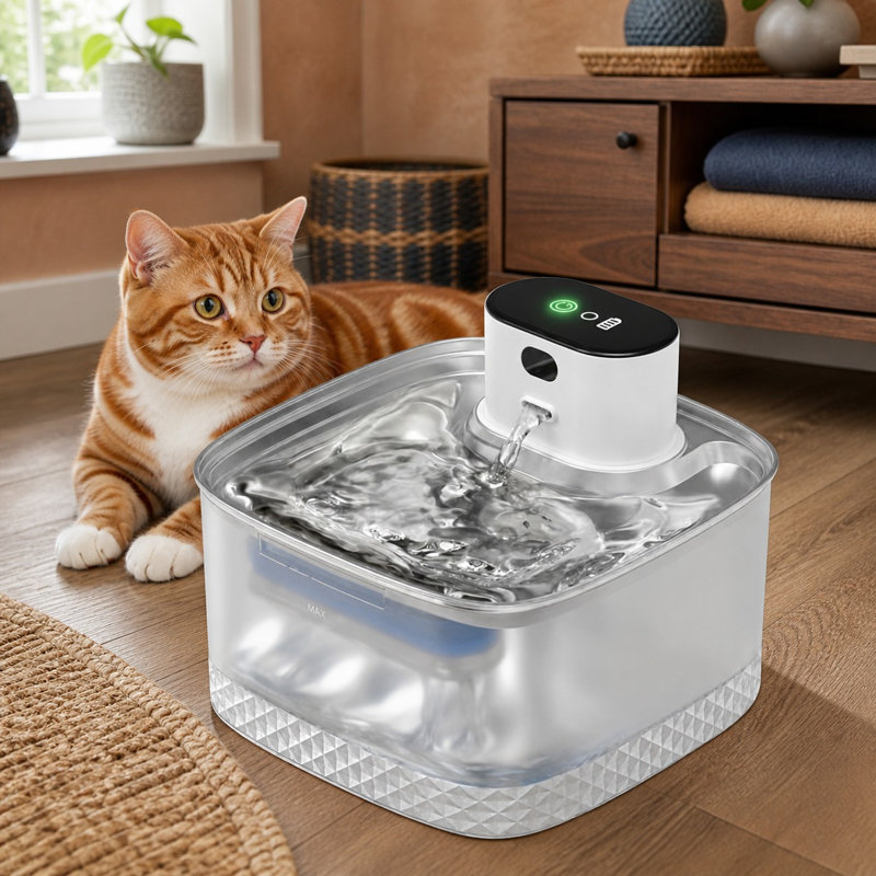 2L Cordless Cat Fountain with a stainless steel tray.