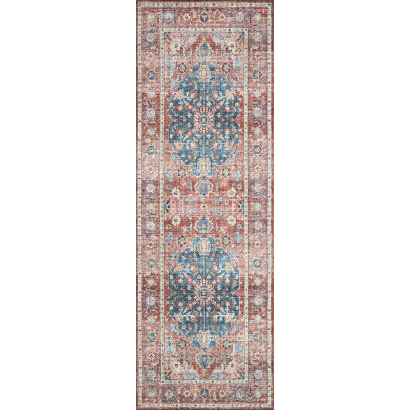 Tapis oriental brique / océan Gelo, Tapis de couloir 2 pi 6 po x 12 pi