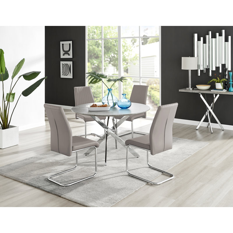 Tierra Modern Chrome Metal & Glass Round Dining Table Set with 4 Upholstered Faux Leather Chairs, Cappuccino/Silver