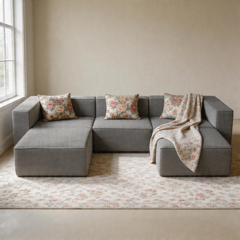 108" Luxury Corduroy Sofa Compression Module Sofa Deep Couch With Two Ottomans, Modern Minimalist Upholstered Couches, Comfort U Shaped Sofa for Living Room, Deep Seat Corner Couch, No Assembly Required