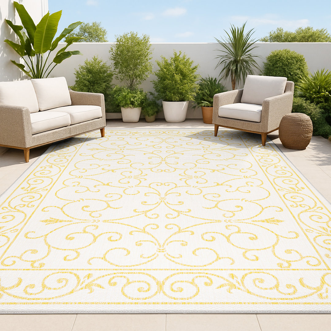 Debbe Vintage Filigree Textured Weave Cream/Yellow Indoor/Outdoor Rug Canora Grey Rug 