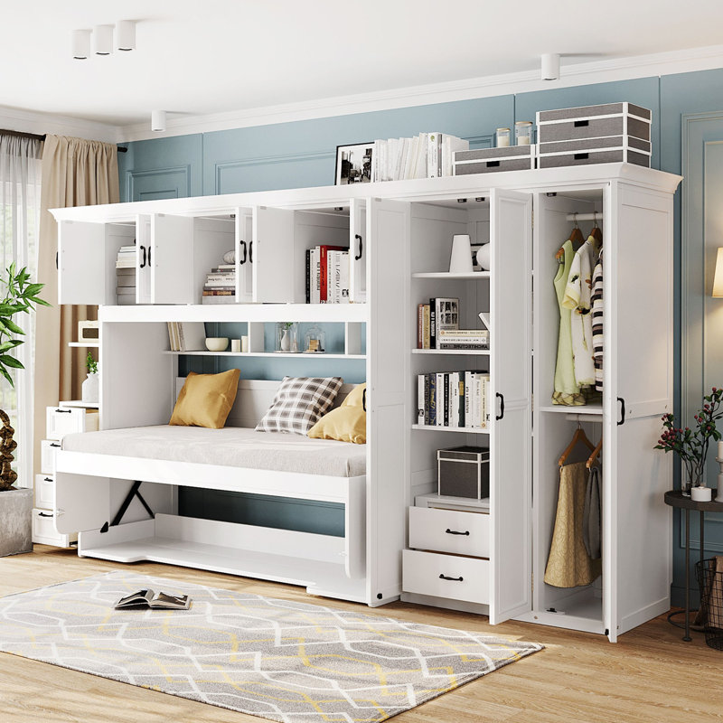 Lit escamotable simple avec garde-robe, armoire et bureau, Gris
