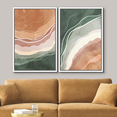 " Green And Brown Watercolor Colour Waves Abstract Shapes Modern Chic " 2 - Pieces