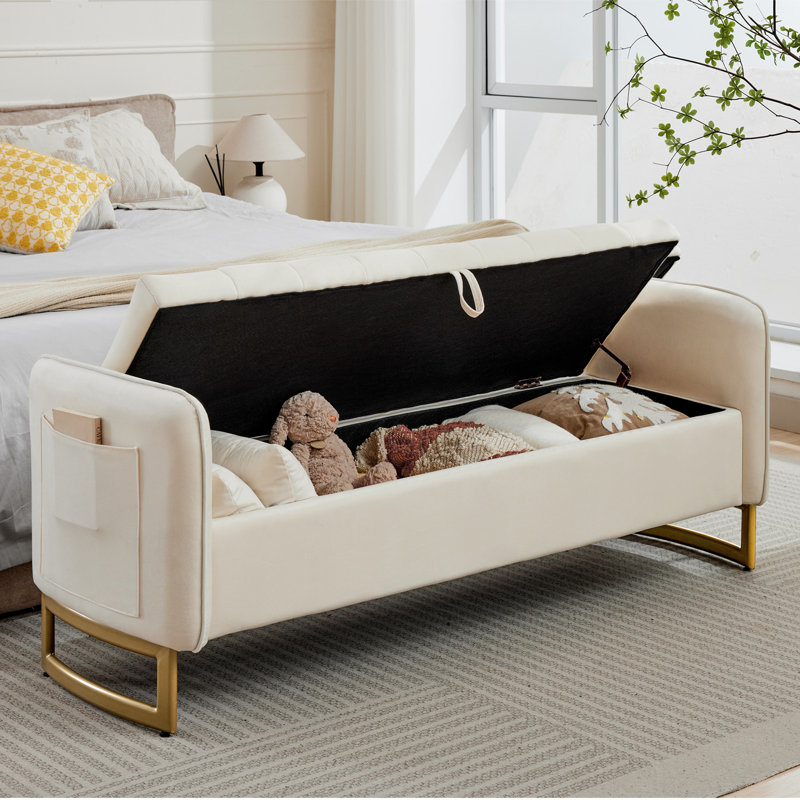66"W Upholstered Flip Top Velvet Storage Bench with Gold Legs and 2 Pillows, Beige Velvet, 23.25'' H X 66'' W X 22.5'' D