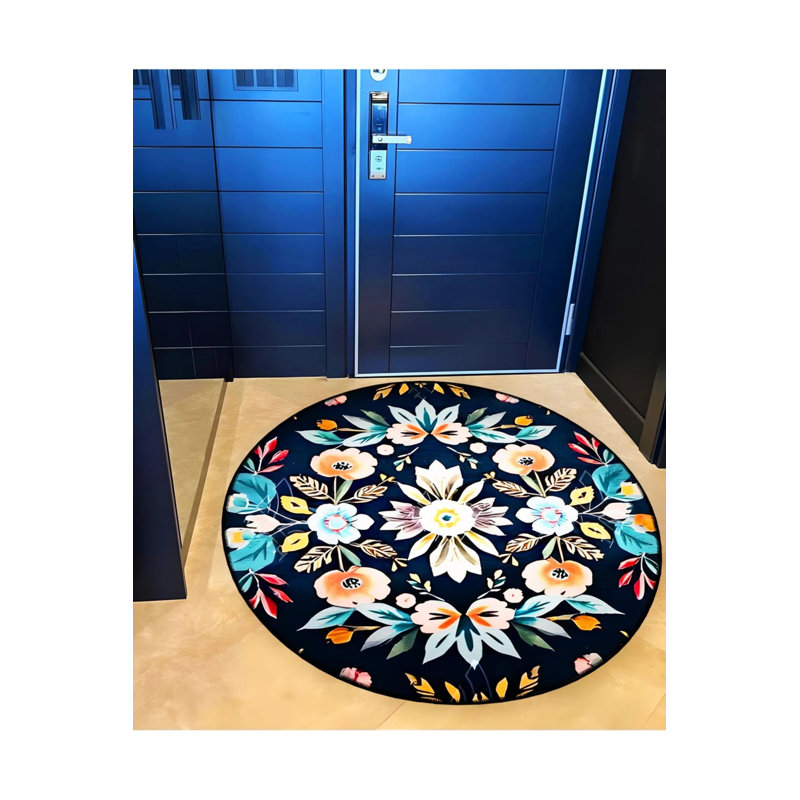 Multicolored Flower And Leaf Pattern Woven Base Modern Decorative Carpet, Round 5'