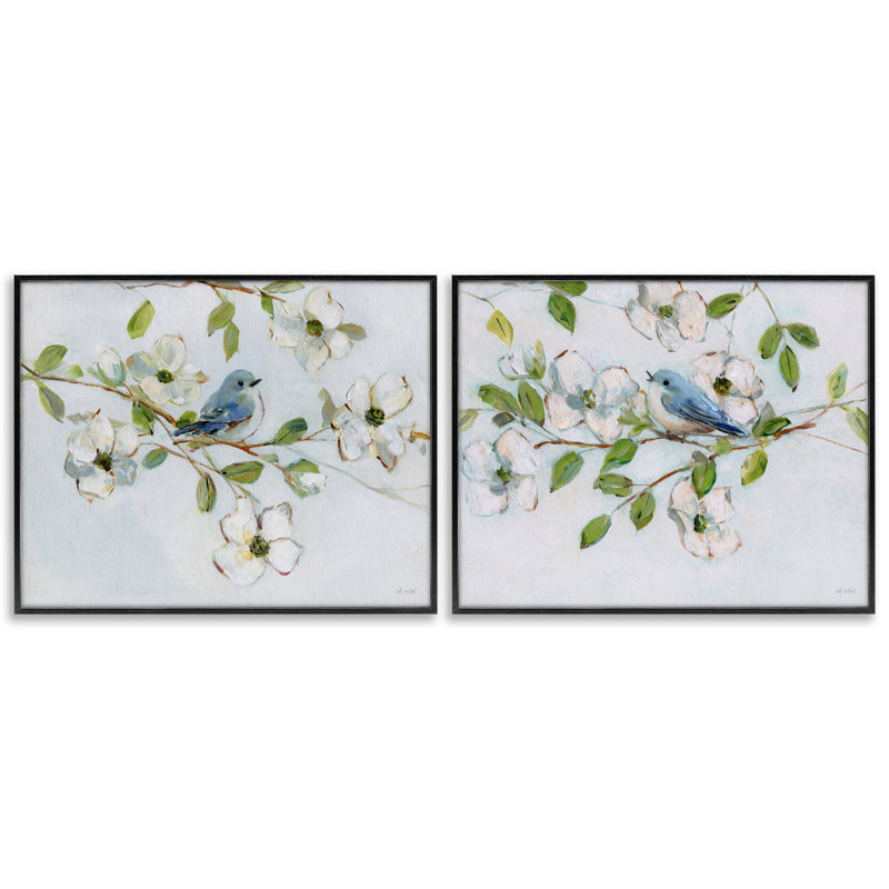 Oiseaux bleus perchés sur une branche, ensemble de 2 giclées encadrées, design par Sally Swatland, H 16 po x l 20 po