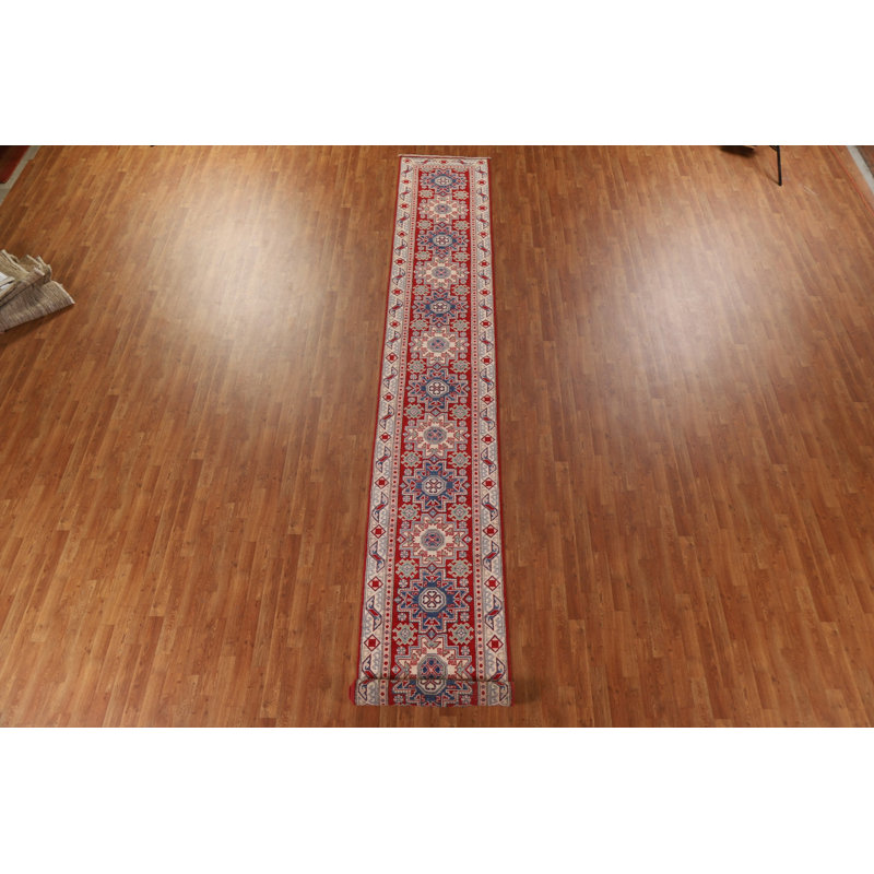 Tapis de couloir oriental géométrique rouge Kazak fait à la main 3 x 19