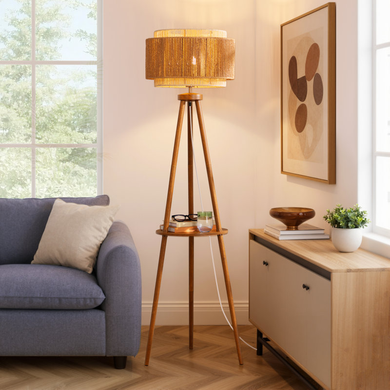 62.4" Tripod Floor Lamp with Rattan Dual Lampshades, Solid Wood Pole, and Shelves ,LED Bulb Included