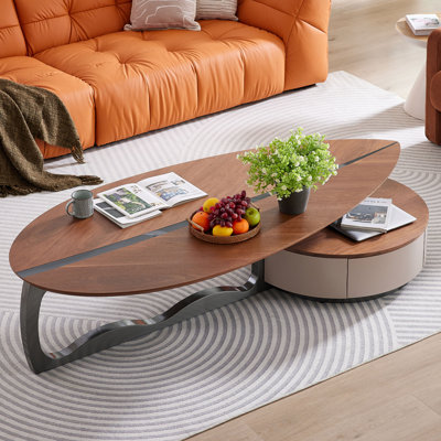 Table basse moderne en placage de noyer moderne avec deux tiroirs de rangement et une base en acier inoxydable
