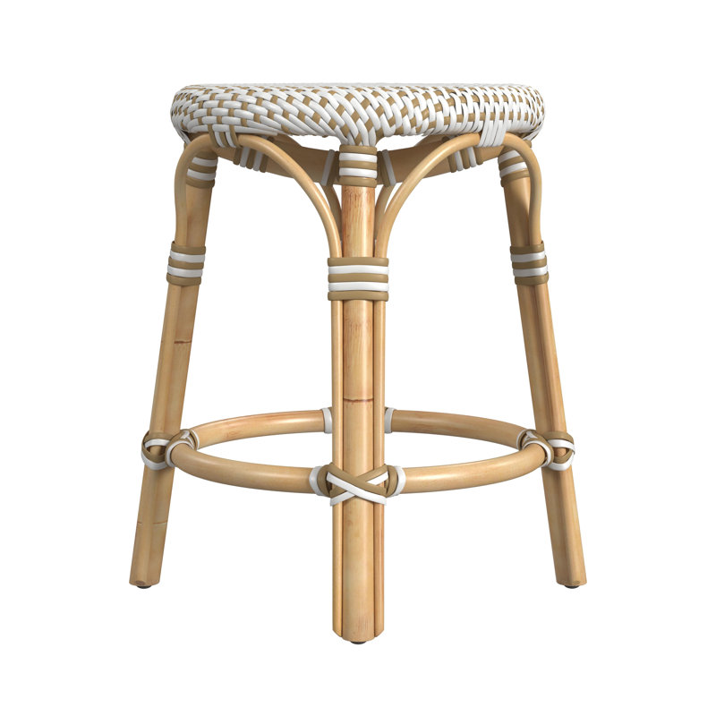 Alastair 18" Rattan Dining Short Stool - White/Tan Dot / Natural Rattan Frame, White/Tan Dot/Natural Rattan Frame