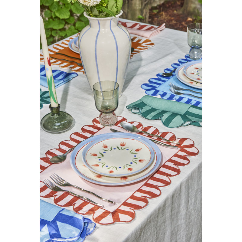 Embroidered Linen Scalloped Stripe Double-Sided Placemats, Red