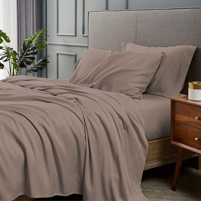 Ensemble de draps 4 pièces en rayonne de bambou, Ensemble de draps pour très grand lit avec 2 taie, Moka