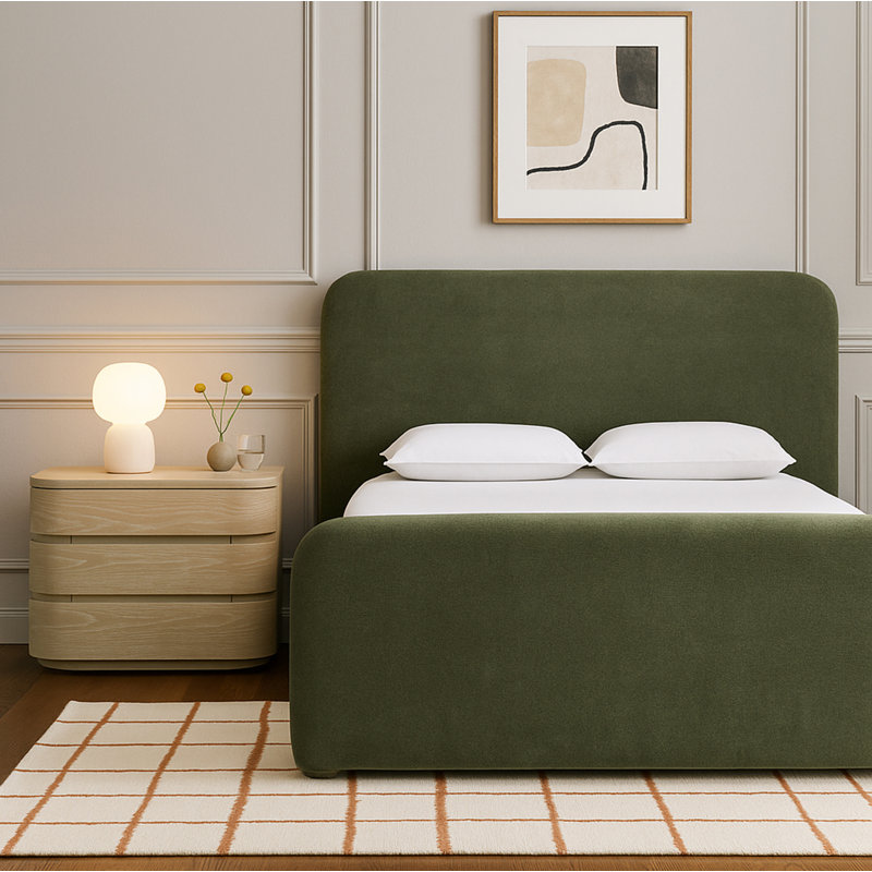 Daliah Chenille Fabric Upholstered Bed, Green Chenille Fabric, Queen