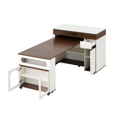 Extendable Dining Table with Extra-Long Folding Top, Rolling Kitchen Island with Drawers, Power Outlet and Brake lock, Storage Cabinet for Kitchen and Dining Room (Walnut + Creamy White)