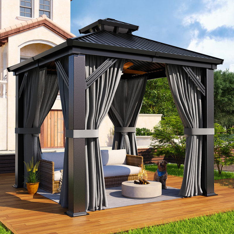 Pavillon de jardin extérieur VIWAT avec toit en acier galvanisé, structure en aluminium, rideaux et filet, 8 x 8 pi