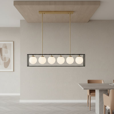 Linear Chandelier With Six Lights, Each Equipped With A Frosted Glass Spherical Shade.