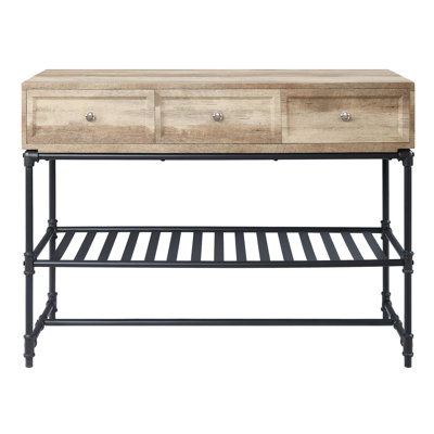 Rectangular Table In Oak And Sandy Black, With Metal Legs Storage Drawers Industrial Rustic Drawer Space A Stable Base