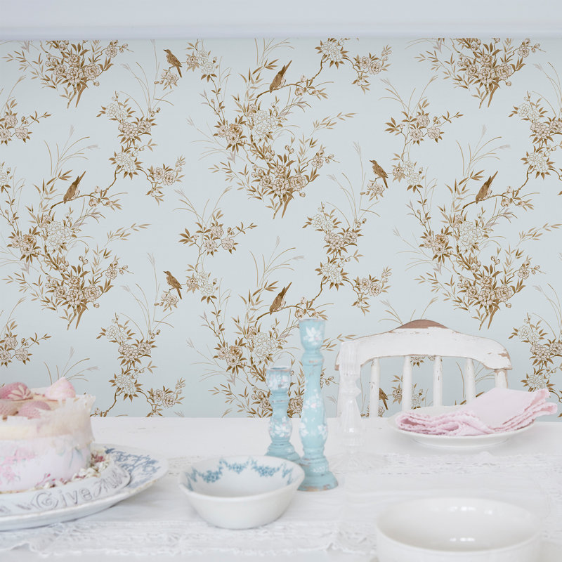 Rachel Ashwell Bird Chinoiserie Pink Gold Wallpaper, Light Blue