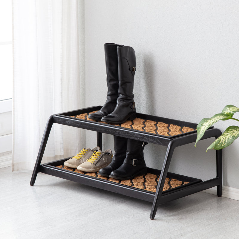 Support à bottes en bois massif de qualité supérieure avec tapis en fibre de coco naturelle - Rangement pour chaussures