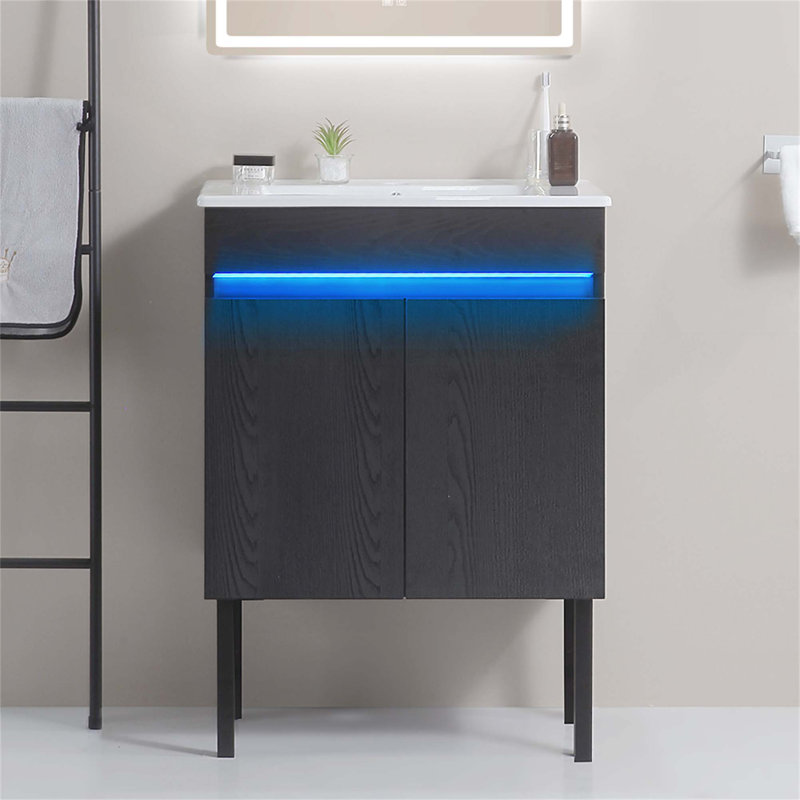 Meuble-lavabo de salle de bain avec lavabo, lumière à détection de radars, grand espace de rangement et pieds en métal, lavabo de salle de bain mural / debout