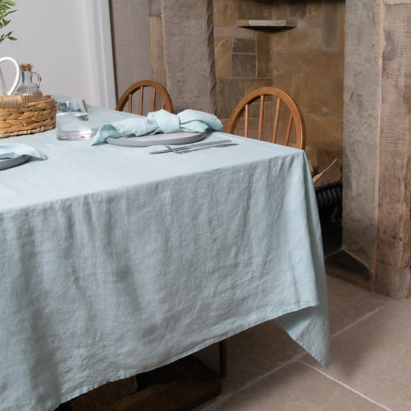 Elegant White Pure Linen Tablecloth, Blue